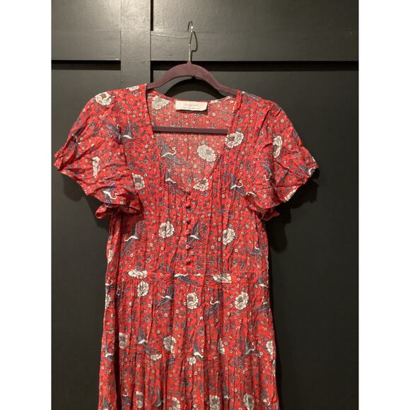 AUGUSTE Valentina Fiesta Day Dress Off Red Metallic Cranes short sleeve midi 2 - Picture 3 of 10